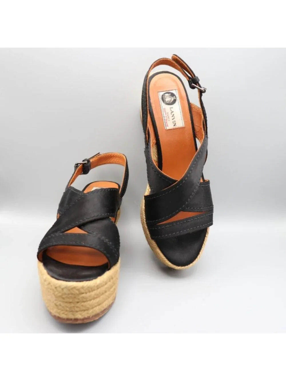 Lanvin Black Satin Platform Espadrille Wedge Sandals Spain Size 37 US 6.5